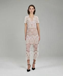 Self-portrait Ivory Floral Guipure V-Neck Midi Dress