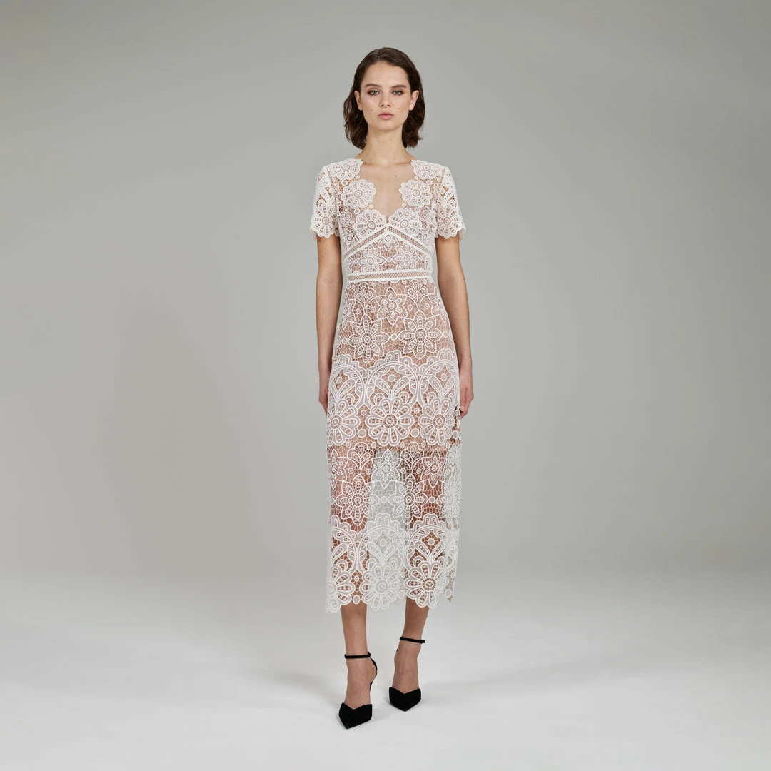 Self-portrait Ivory Floral Guipure V-Neck Midi Dress