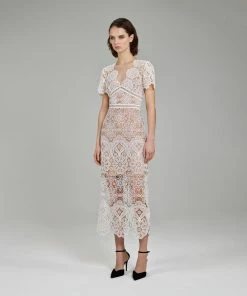 Self-portrait Ivory Floral Guipure V-Neck Midi Dress