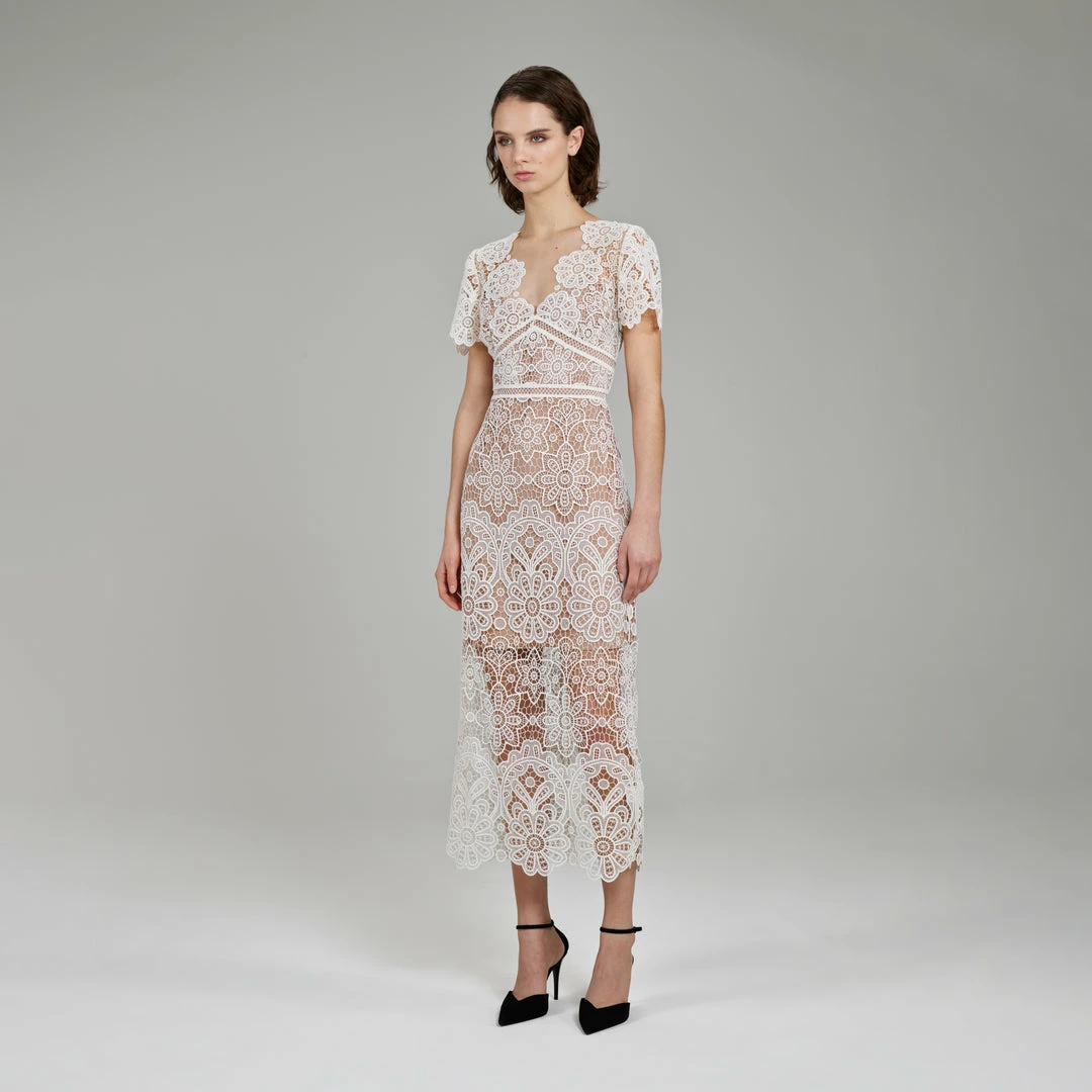 Self-portrait Ivory Floral Guipure V-Neck Midi Dress