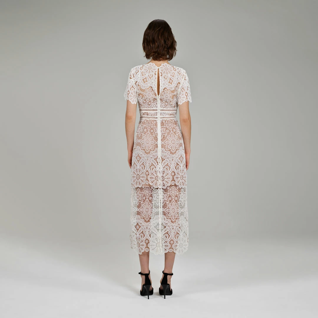 Self-portrait Ivory Floral Guipure V-Neck Midi Dress