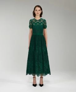 Self-portrait Dark Green Floral Guipure Midi Dress NEW ARRIVALS