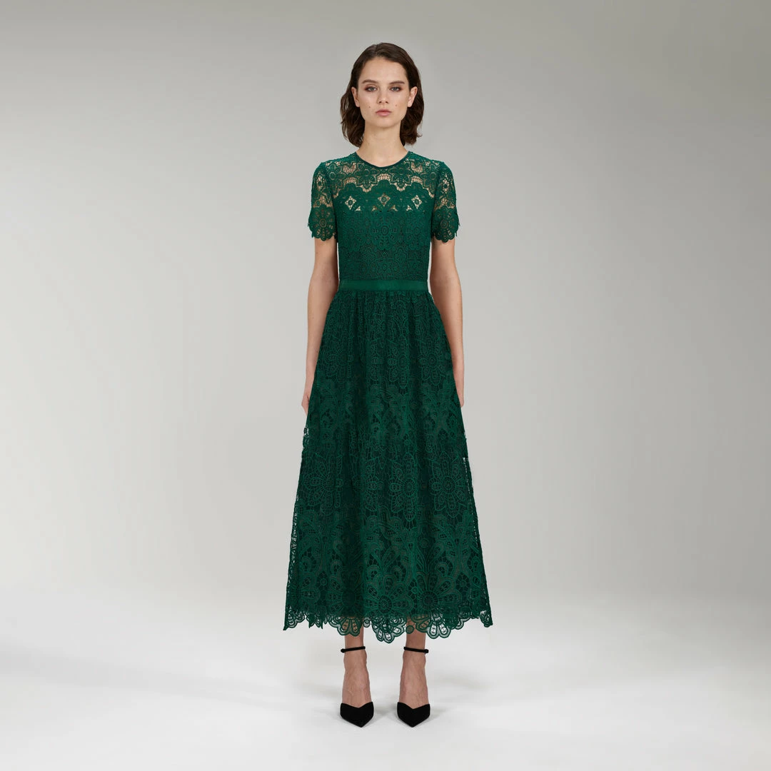 Self-portrait Dark Green Floral Guipure Midi Dress NEW ARRIVALS