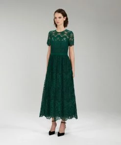 Self-portrait Dark Green Floral Guipure Midi Dress NEW ARRIVALS