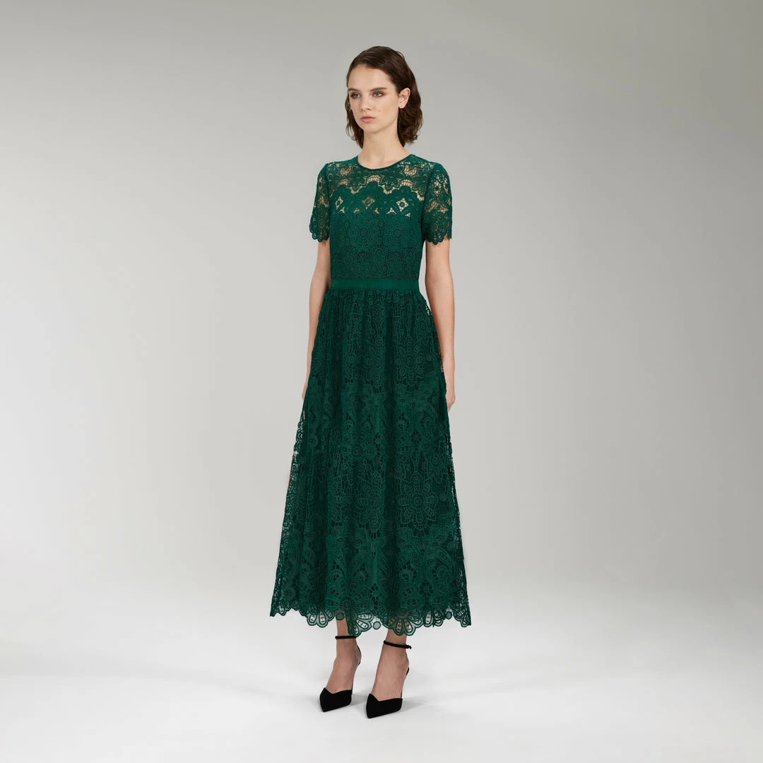Self-portrait Dark Green Floral Guipure Midi Dress NEW ARRIVALS
