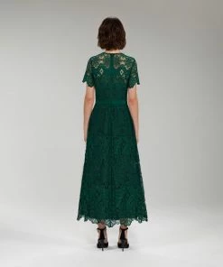 Self-portrait Dark Green Floral Guipure Midi Dress NEW ARRIVALS