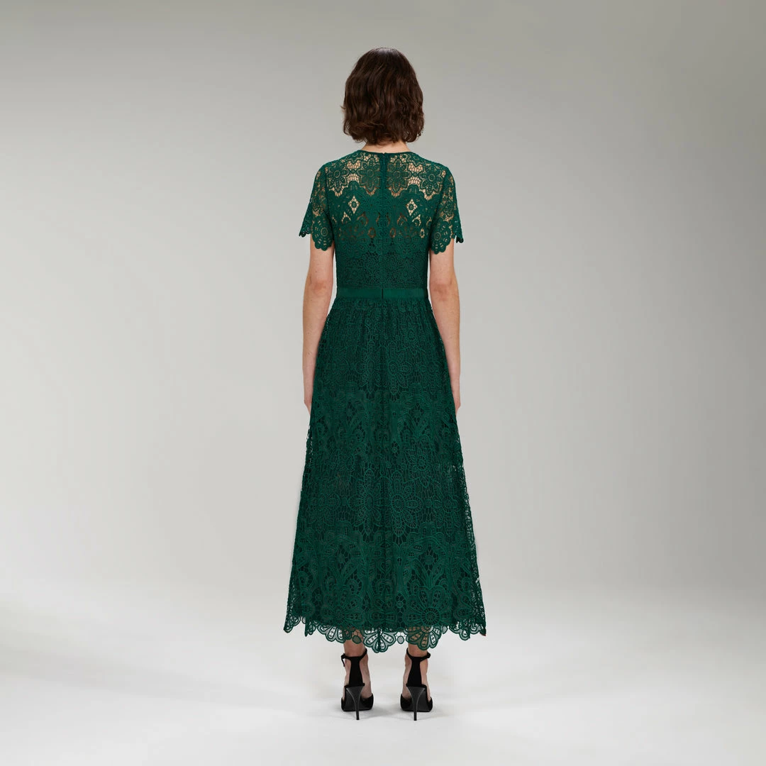 Self-portrait Dark Green Floral Guipure Midi Dress NEW ARRIVALS