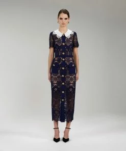Self-portrait Navy Floral Guipure Midi Dress