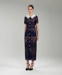 Self-portrait Navy Floral Guipure Midi Dress