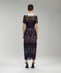 Self-portrait Navy Floral Guipure Midi Dress