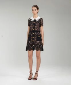 Self-portrait NEW ARRIVALS Black Floral Guipure Mini Dress