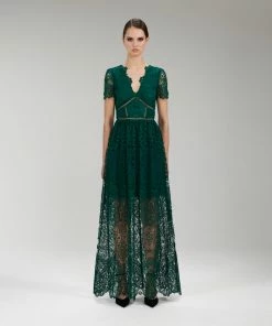 Self-portrait Dark Green Floral Guipure Maxi Dress