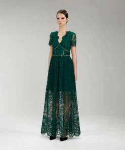 Self-portrait Dark Green Floral Guipure Maxi Dress
