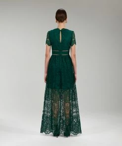 Self-portrait Dark Green Floral Guipure Maxi Dress