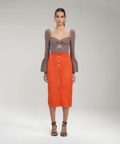 Self-portrait READY TO WEAR Orange Floral Guipure Midi Skirt