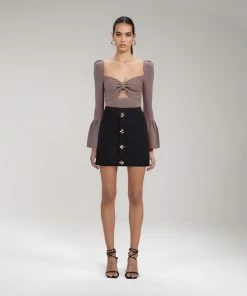 Self-portrait Taupe Ribbed Knit Bow Bust Top READY TO WEAR