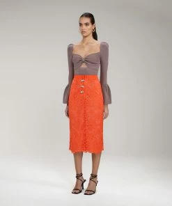 Self-portrait READY TO WEAR Orange Floral Guipure Midi Skirt