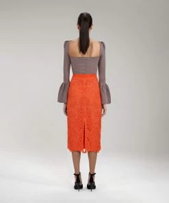 Self-portrait READY TO WEAR Orange Floral Guipure Midi Skirt