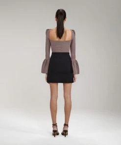 Self-portrait Taupe Ribbed Knit Bow Bust Top READY TO WEAR