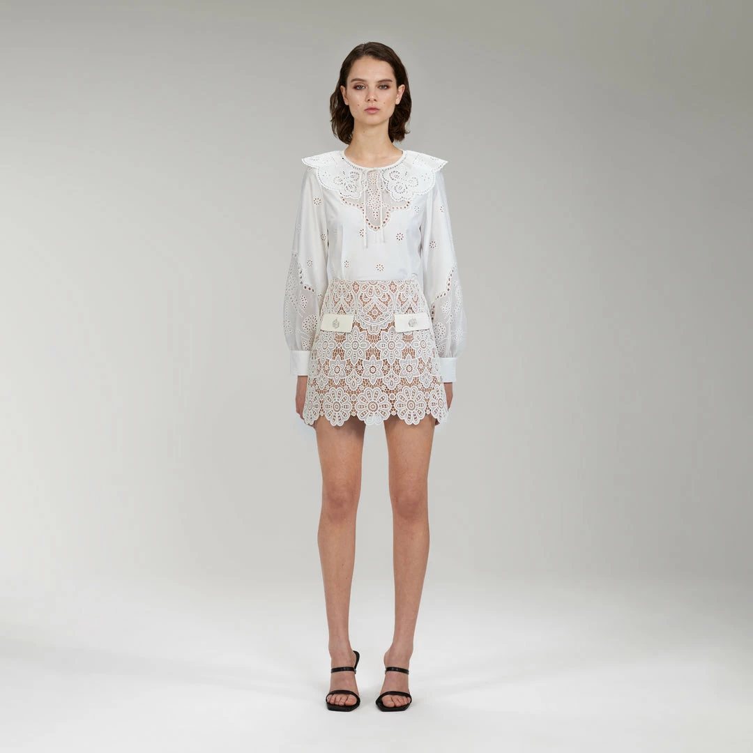 Self-portrait READY TO WEAR Ivory Floral Guipure Mini Skirt