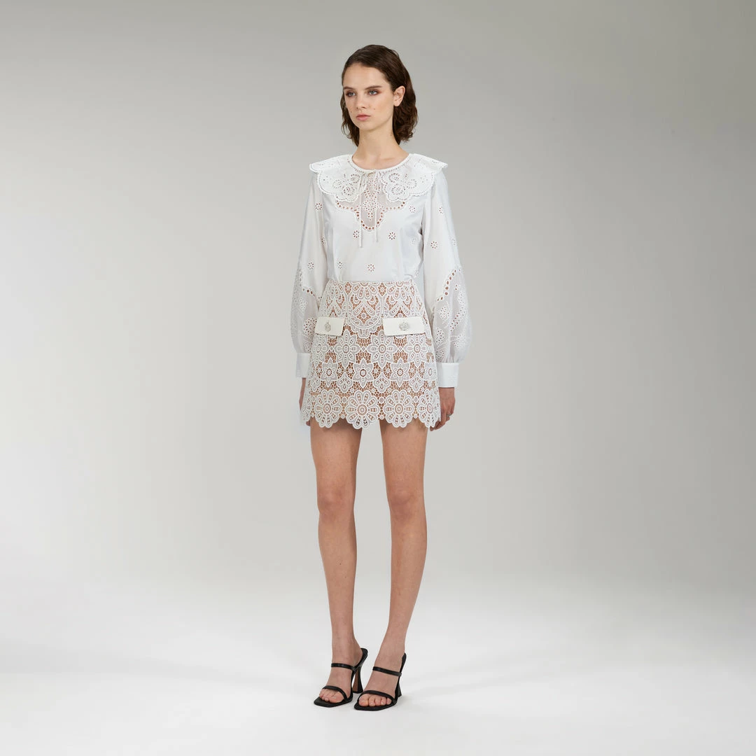 Self-portrait READY TO WEAR Ivory Floral Guipure Mini Skirt