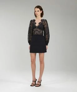 Self-portrait Black Floral Guipure Puff Sleeve Blouse NEW ARRIVALS