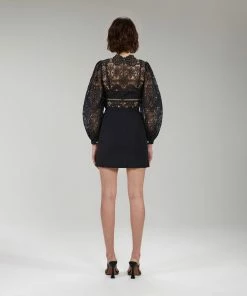 Self-portrait Black Floral Guipure Puff Sleeve Blouse NEW ARRIVALS