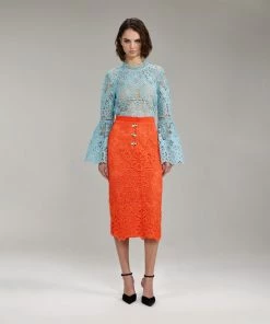 Self-portrait READY TO WEAR Light Blue Floral Guipure Angel Sleeve Blouse