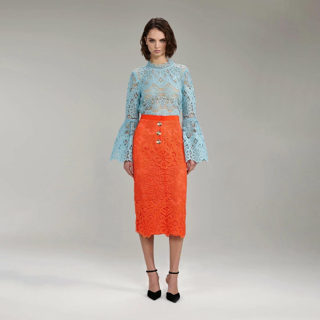 Self-portrait READY TO WEAR Light Blue Floral Guipure Angel Sleeve Blouse