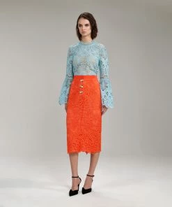 Self-portrait READY TO WEAR Light Blue Floral Guipure Angel Sleeve Blouse