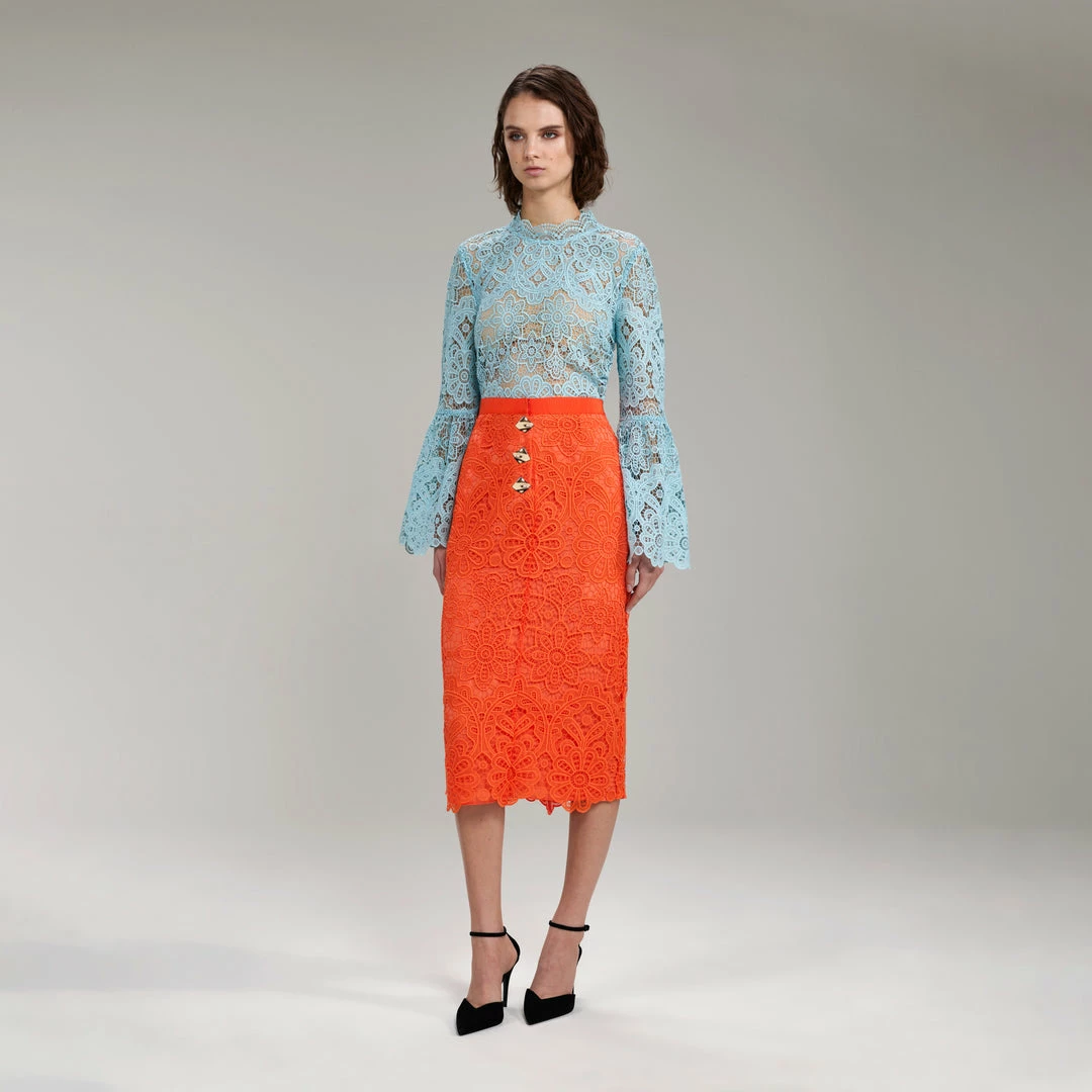 Self-portrait READY TO WEAR Light Blue Floral Guipure Angel Sleeve Blouse