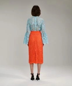 Self-portrait READY TO WEAR Light Blue Floral Guipure Angel Sleeve Blouse