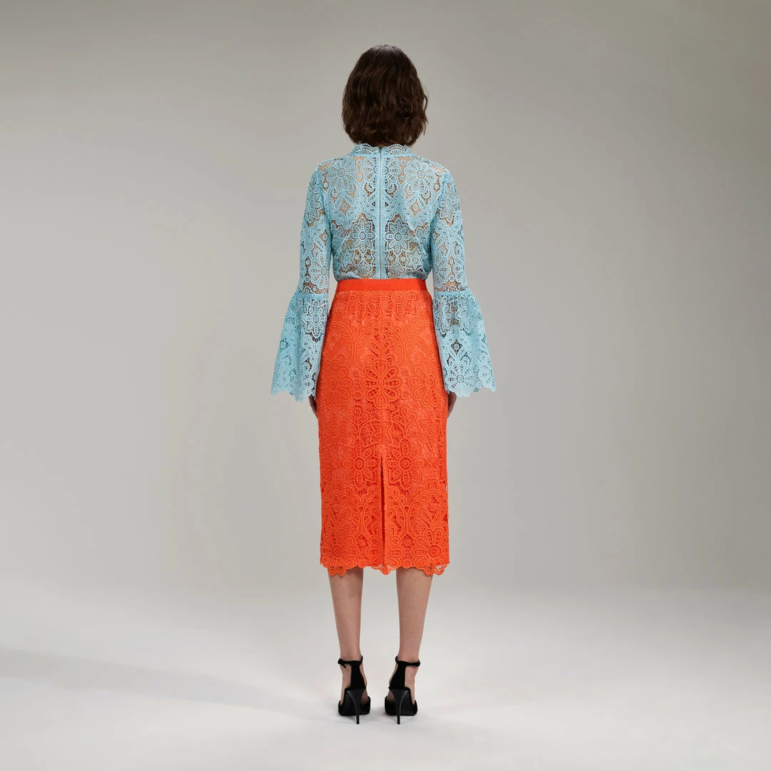 Self-portrait READY TO WEAR Light Blue Floral Guipure Angel Sleeve Blouse