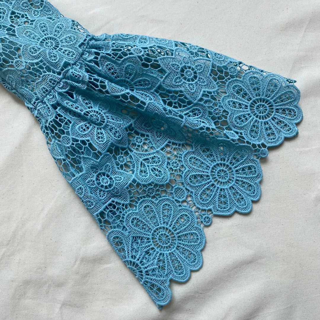 Self-portrait READY TO WEAR Light Blue Floral Guipure Angel Sleeve Blouse