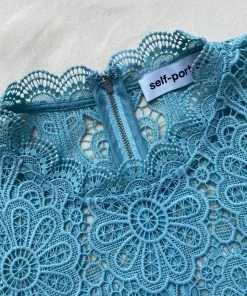 Self-portrait READY TO WEAR Light Blue Floral Guipure Angel Sleeve Blouse