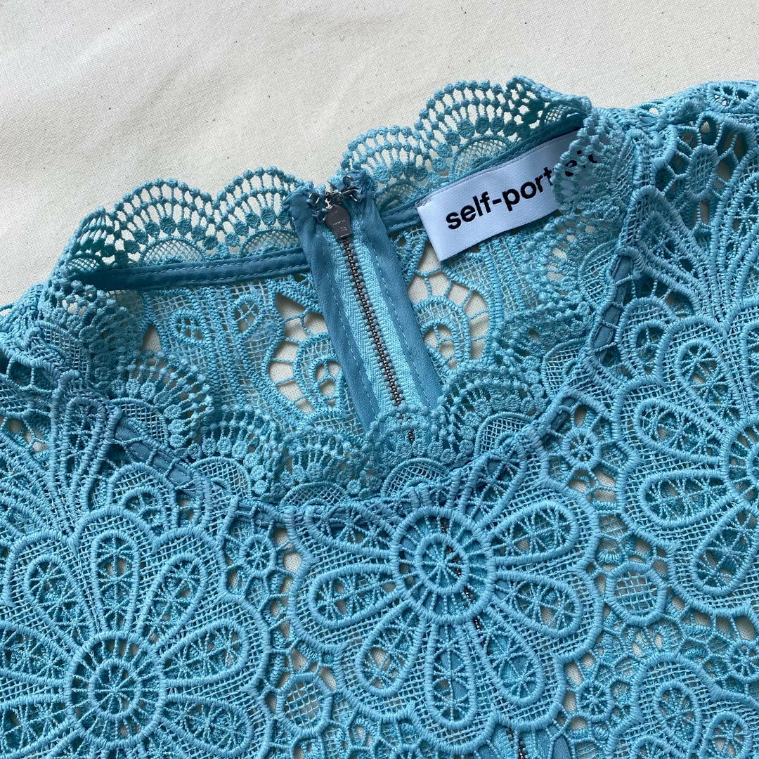 Self-portrait READY TO WEAR Light Blue Floral Guipure Angel Sleeve Blouse