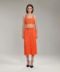 Self-portrait READY TO WEAR Orange Floral Guipure Crop Top