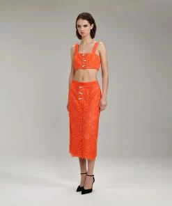 Self-portrait READY TO WEAR Orange Floral Guipure Crop Top