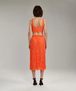 Self-portrait READY TO WEAR Orange Floral Guipure Crop Top