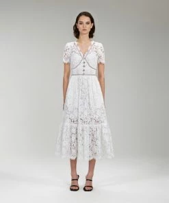 Self-portrait Ivory Cotton Lace Diamante Trim Midi Dress