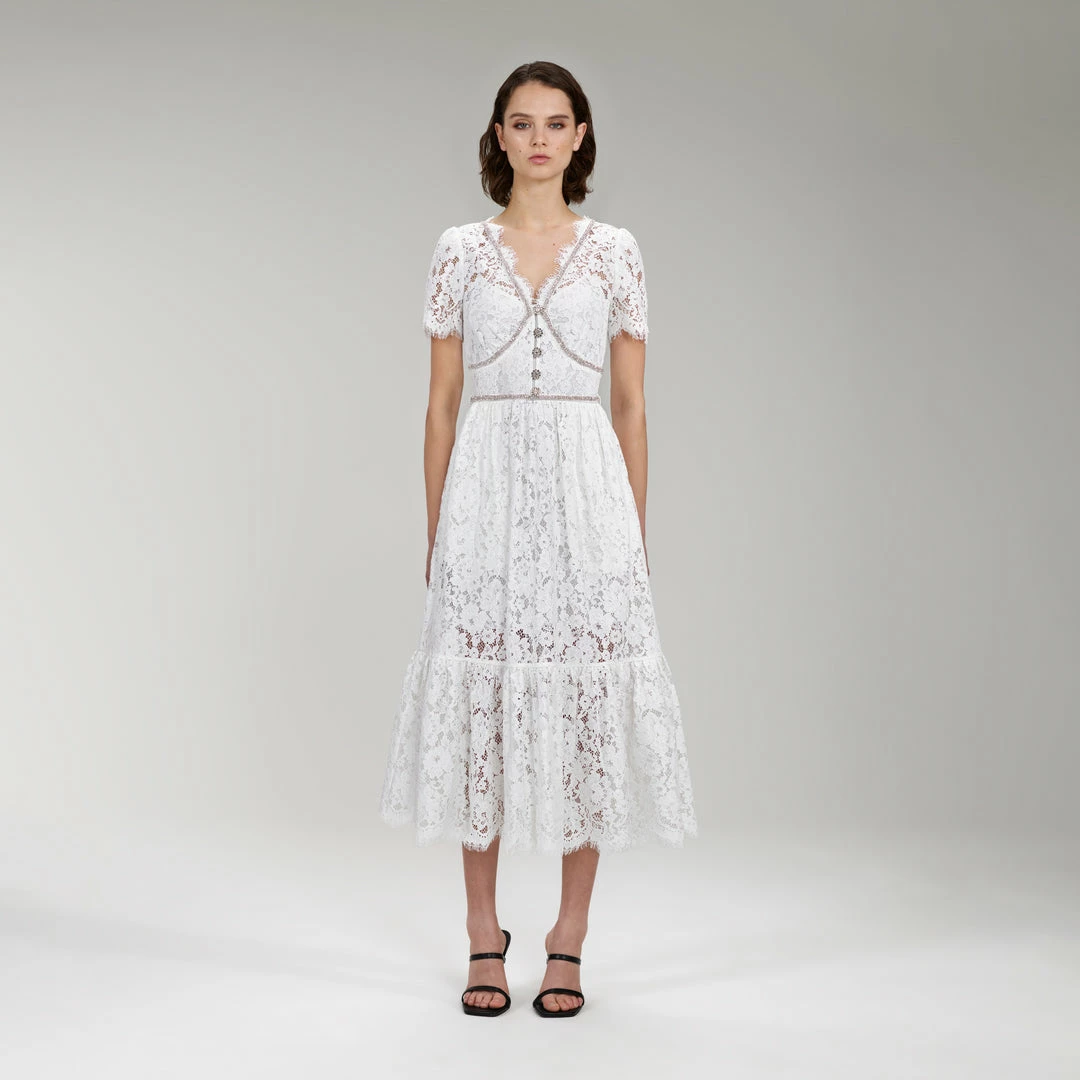 Self-portrait Ivory Cotton Lace Diamante Trim Midi Dress