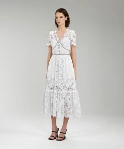 Self-portrait Ivory Cotton Lace Diamante Trim Midi Dress
