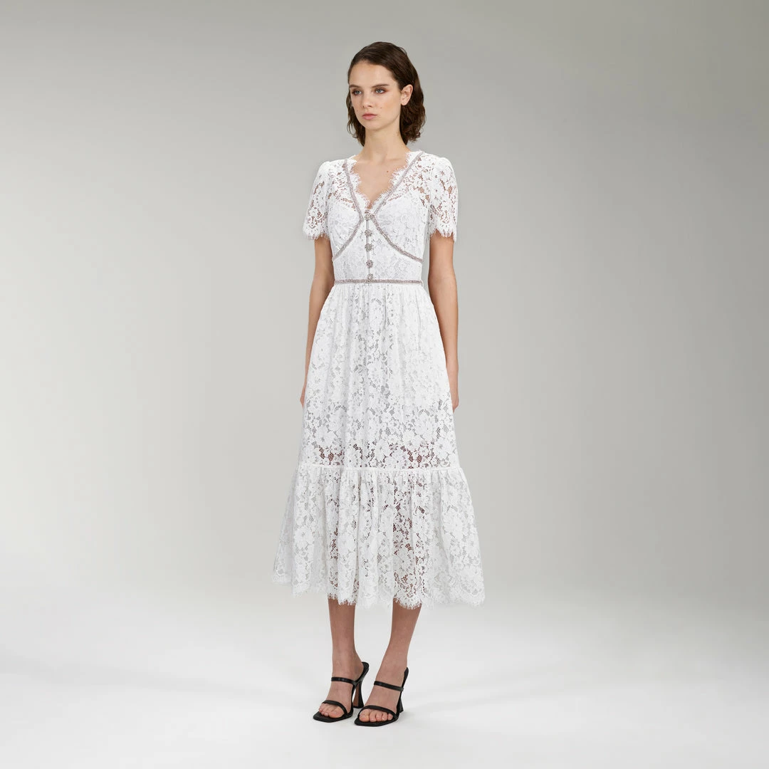 Self-portrait Ivory Cotton Lace Diamante Trim Midi Dress