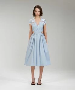 Self-portrait Light Blue Cotton Guipure Lace Midi Dress
