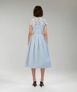 Self-portrait Light Blue Cotton Guipure Lace Midi Dress