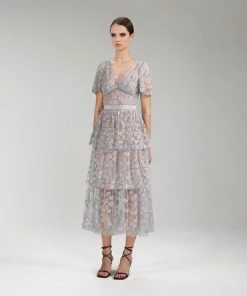 Self-portrait Embroidered Blossom Tiered Midi Dress