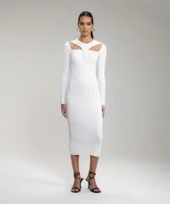 Self-portrait White Ribbed Knit Cut Out Midi Dress