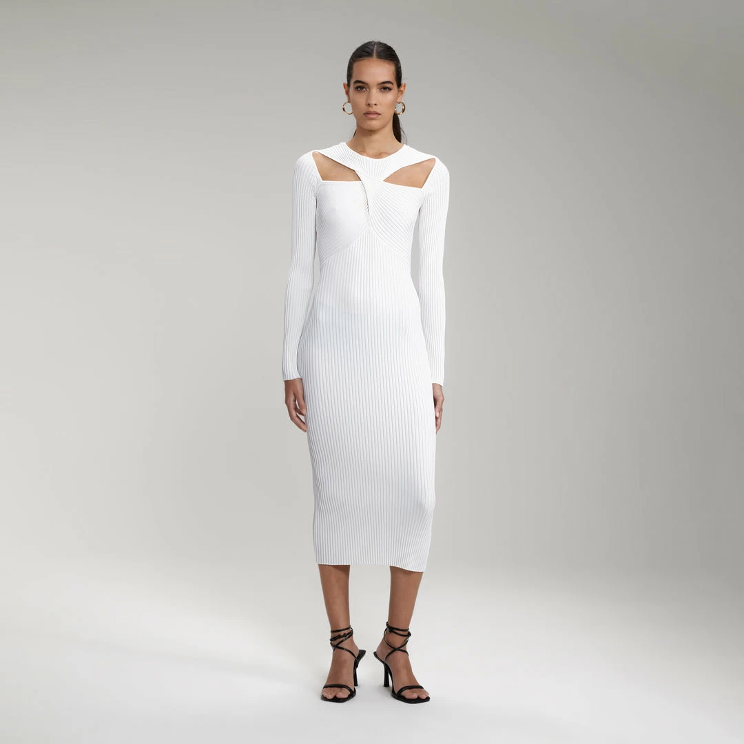 Self-portrait White Ribbed Knit Cut Out Midi Dress