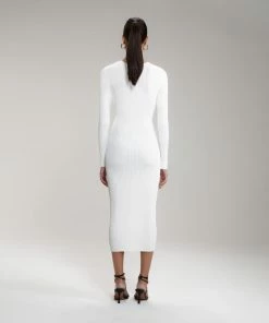 Self-portrait White Ribbed Knit Cut Out Midi Dress