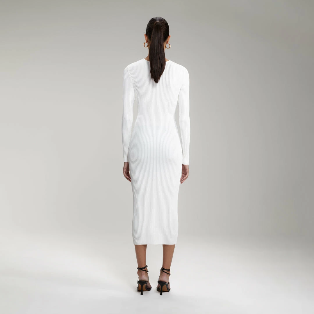 Self-portrait White Ribbed Knit Cut Out Midi Dress